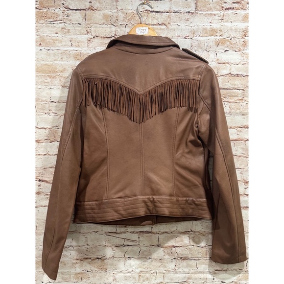CoffeeShop Junior's Brown Faux Leather Fringe Moto Jacket Size L - Picture 2 of 9